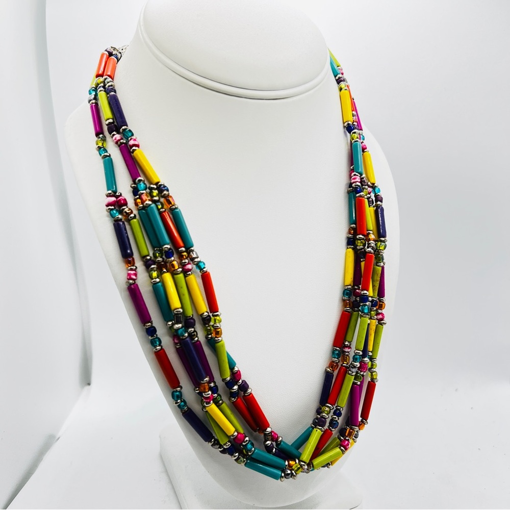 Multi strand Festival Necklace Colorful  Cylindrical Beads Boho Tribal Rave